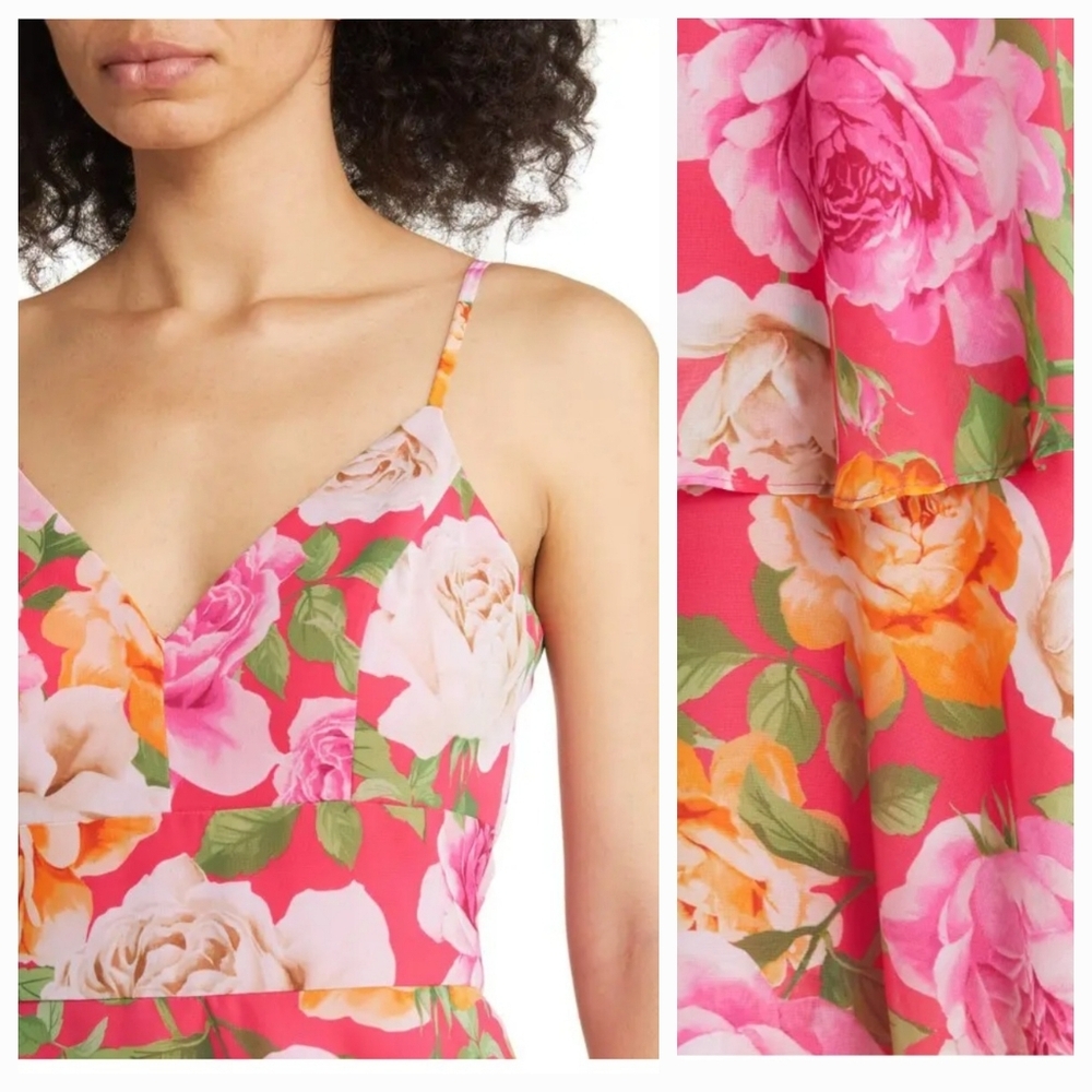 NWT Eliza J Floral Tiered Maxi Dress 16 Pink V-Neck Ruffle Chiffon Gown Wedding - Picture 3 of 14
